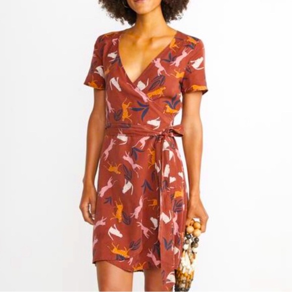 NWT Marine Layer Leonora Cheetah Cat Wrap Dress Rust Large - Picture 7 of 7